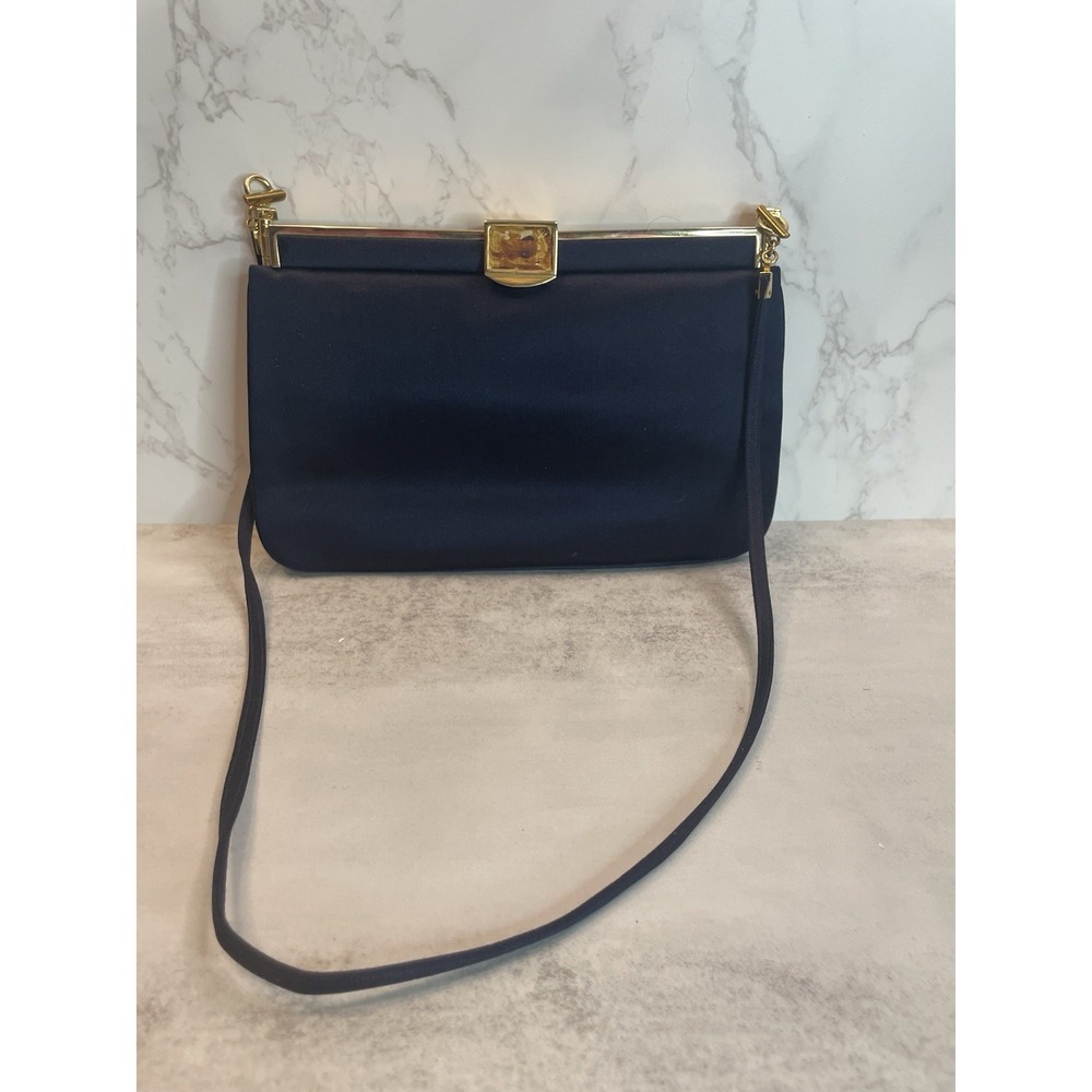 Vtg Rare Judith Lieber Navy Blue Satin  Clutch Handbag
